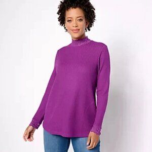 LOGO by Lori Goldstein Metallic Waffle Knit Mock Neck
